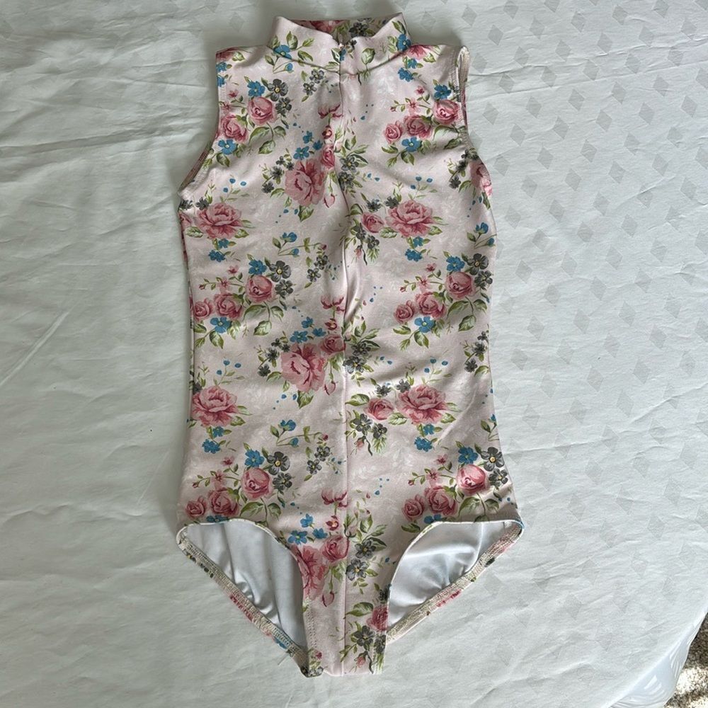 EUC Ainsleiewear Zip Front Floral Leotard sz girls XL